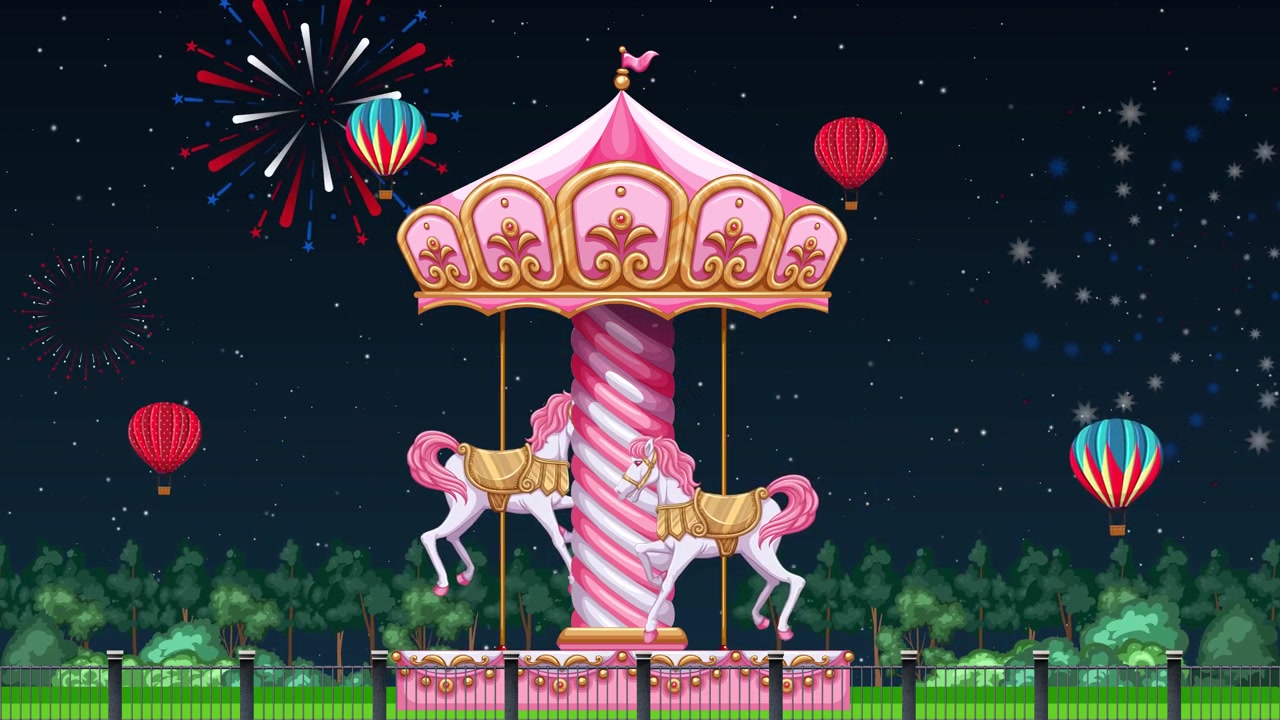 A colorful pink carousel rotates under a starry night sky with fireworks and floating balloons