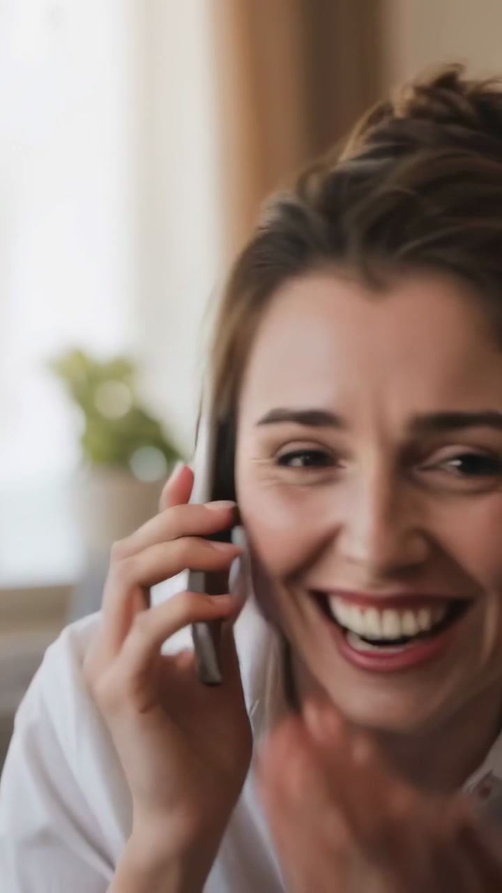 Vertical video: Answering call, woman at home holding phone, laughing then calming in white shirt