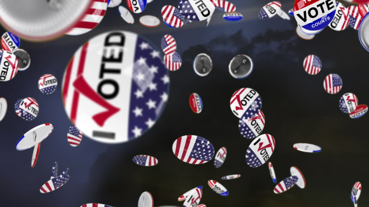 Animation of vote texts and american flags on black background