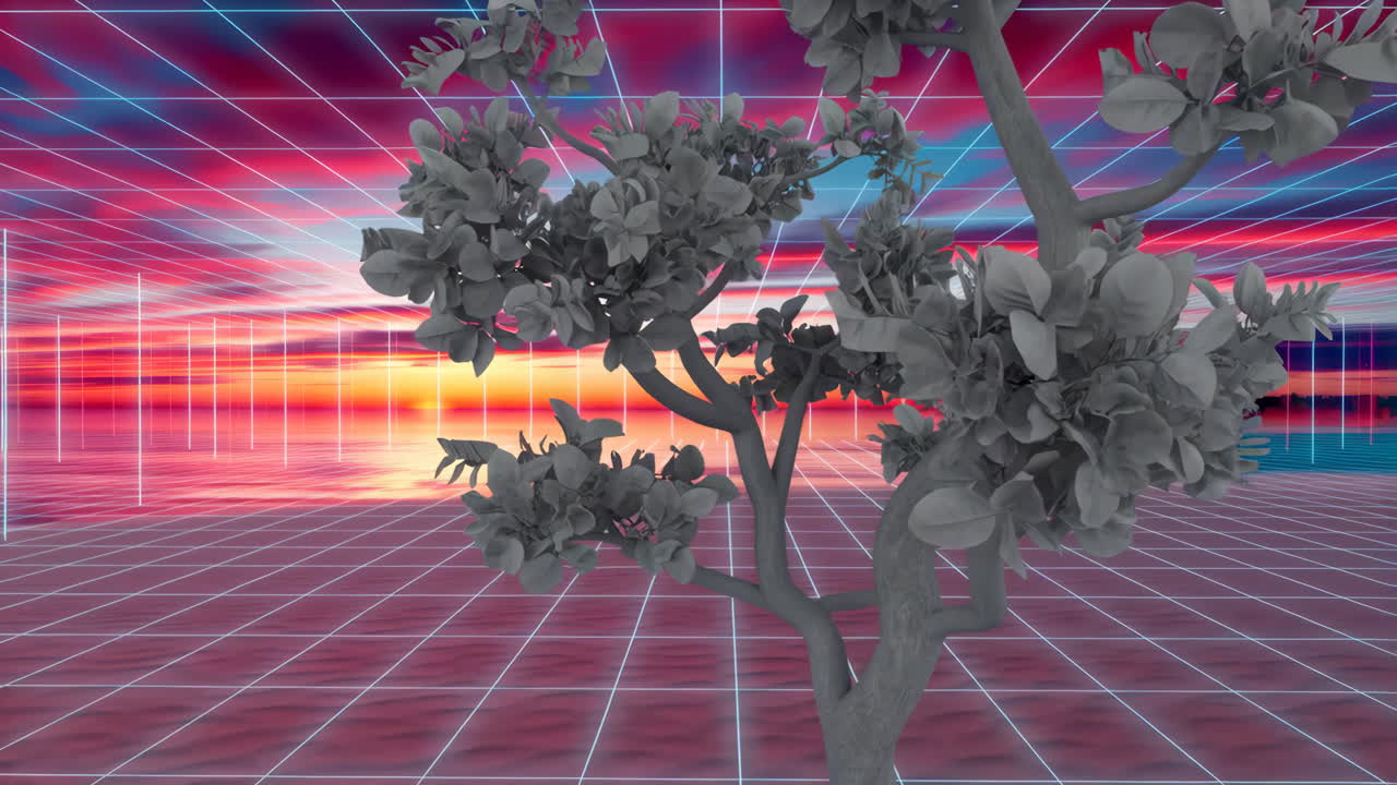 Synthwave Sunset Landscape with Tree