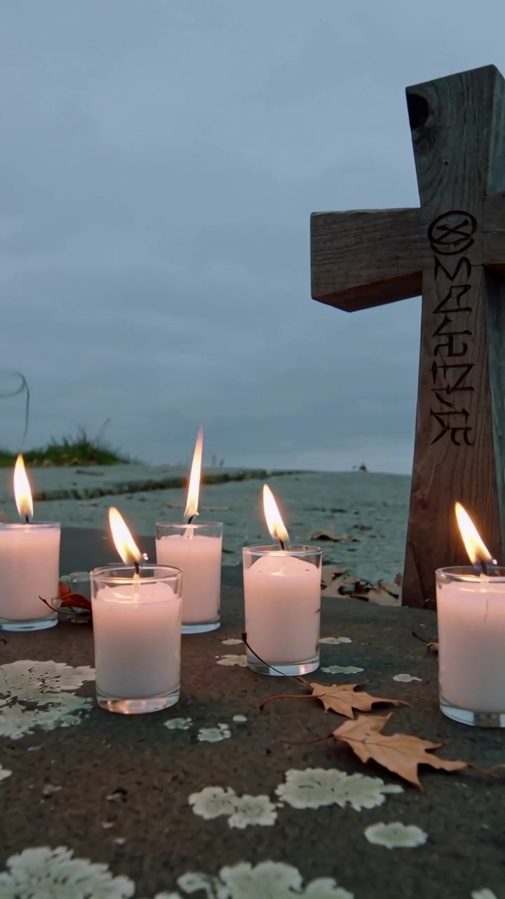 Vertical video: Breeze nudging five white candles flickering on lichen rock by sea, cross for vigil