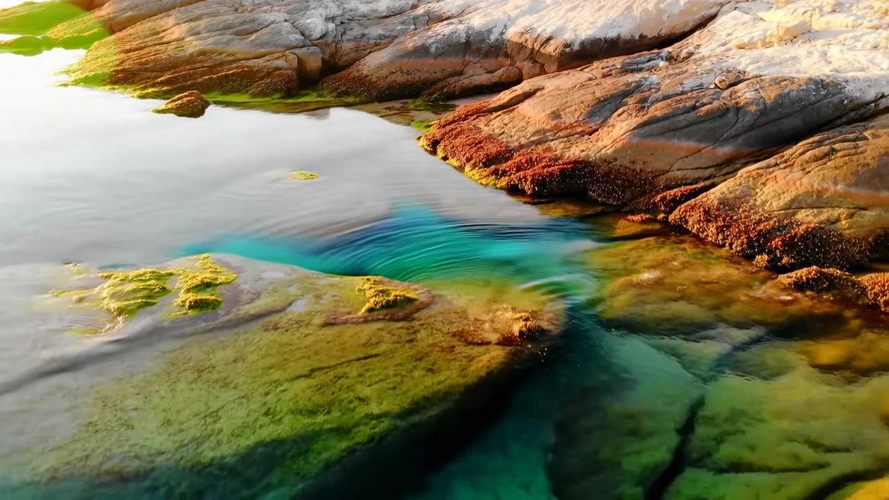 Una vista obliqua della costa mostra una pozza di marea rocciosa con acqua turchese che scorre intorno a massi coperti di alghe, fili di alghe marine, balani, texture di pietra bagnata, onde basse e chiare, calda luce solare e un paesaggio marino sereno.
