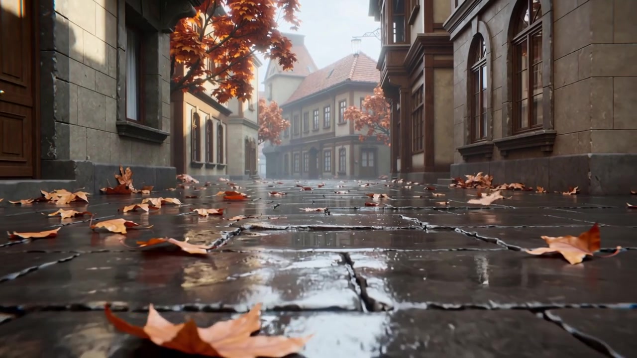 La telecamera si allontana rivelando ciottoli bagnati e foglie cadute su una strada stretta, mostrando la nebbia.