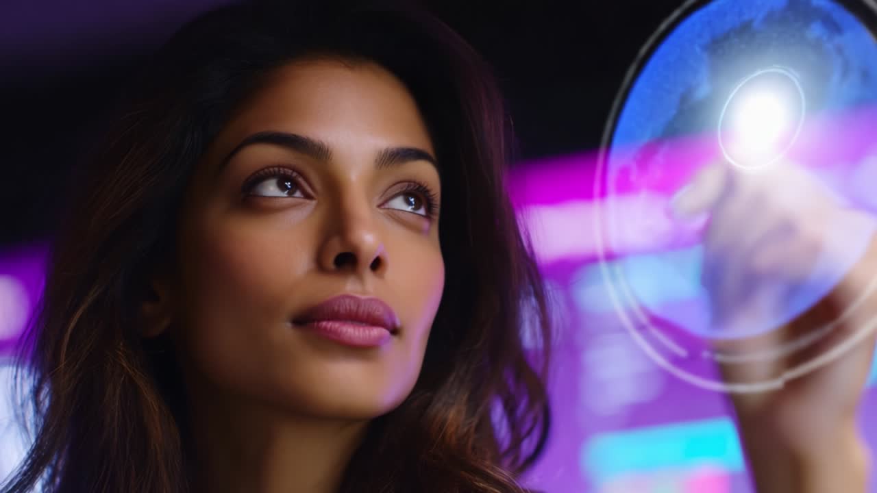 A Thoughtful Woman Engaged in Digital Interaction, Contemplating Future Innovations as She Uses Touch Technology to Manipulate Virtual Elements on a Display Surrounded by Colorful Illuminations