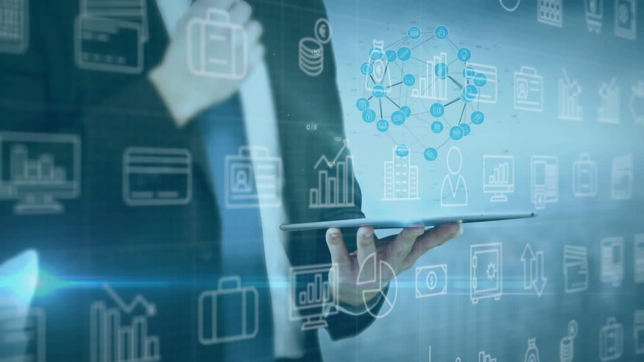 Exec tapping tablet and swiping, causing HUD nodes forming globe faces above tablet for business