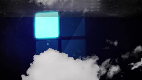 animation of clouds moving over digital blue squares on dark background