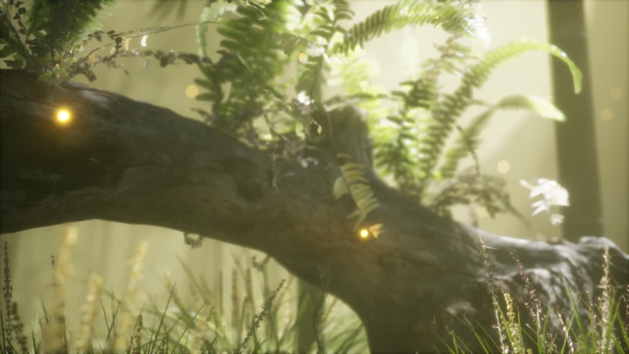 tronco del árbol doblado horizontalmente con helechos creciendo, y la luz del sol brillando