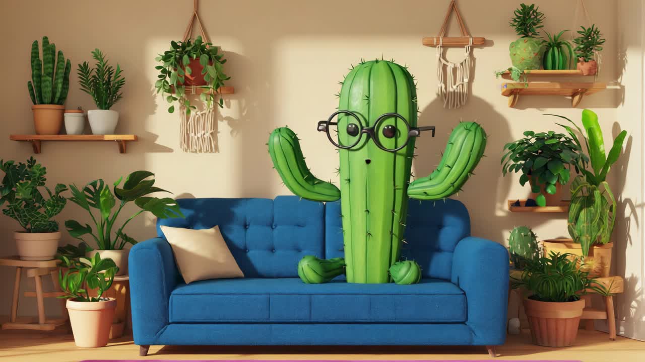 Cactus Character Relaxing on Couch Surrounded by Plants