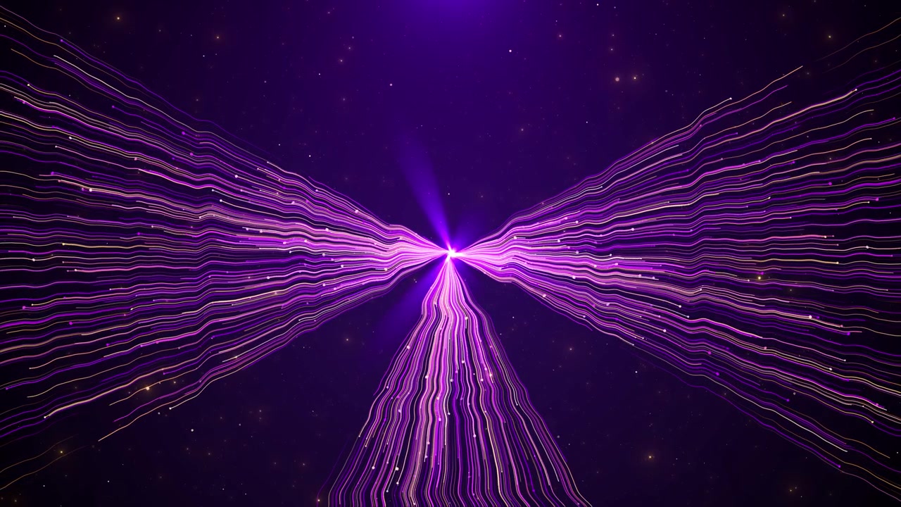 Purple data wave background with flowing lines glowing center gold accents and dark star space