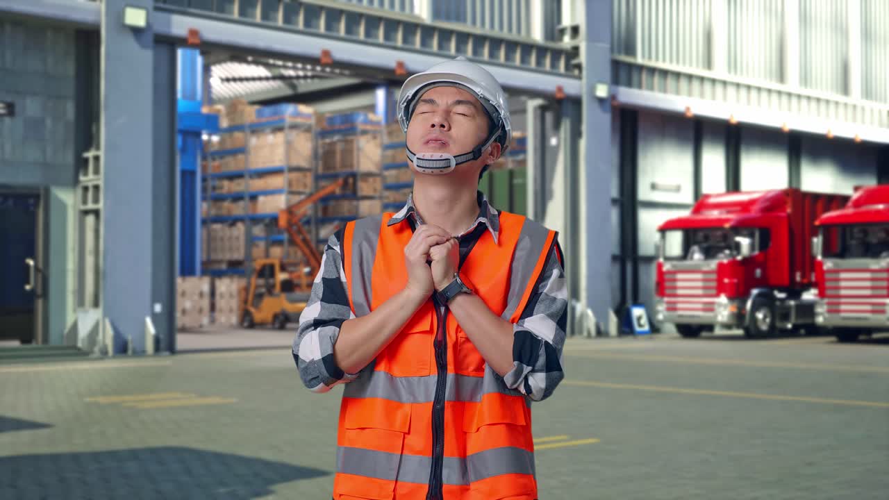 Asian Male Engineer With Safety Helmet Pray For Something While Standing , Outside of Logistics Distributions Warehouse
