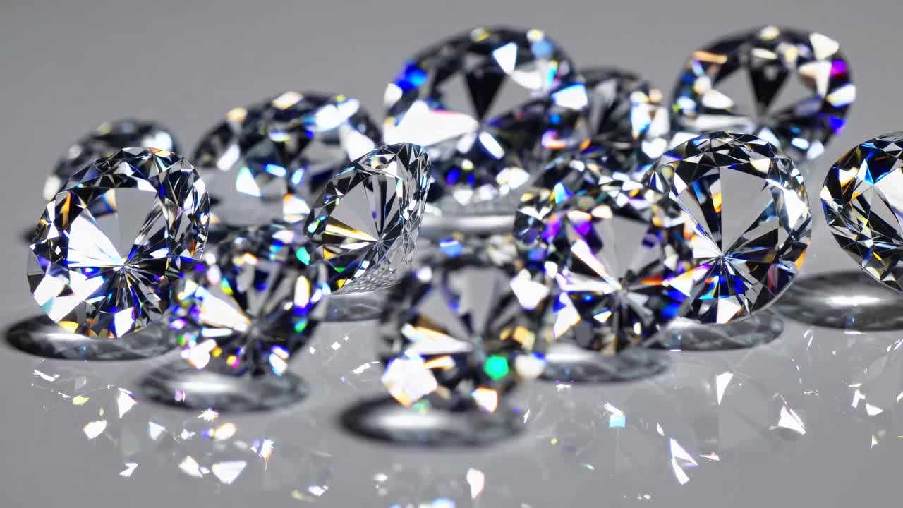 Close-up de vídeo de diamantes brilhantes em uma superfície refletiva, capturando seu brilho