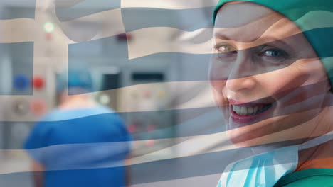 animation of flag of greece waving over surgeons in operating theatre