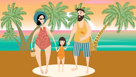 Animation-Der-Familie-Zusammen-Am-Strand-Auf-Orangefarbenem-Hintergrund