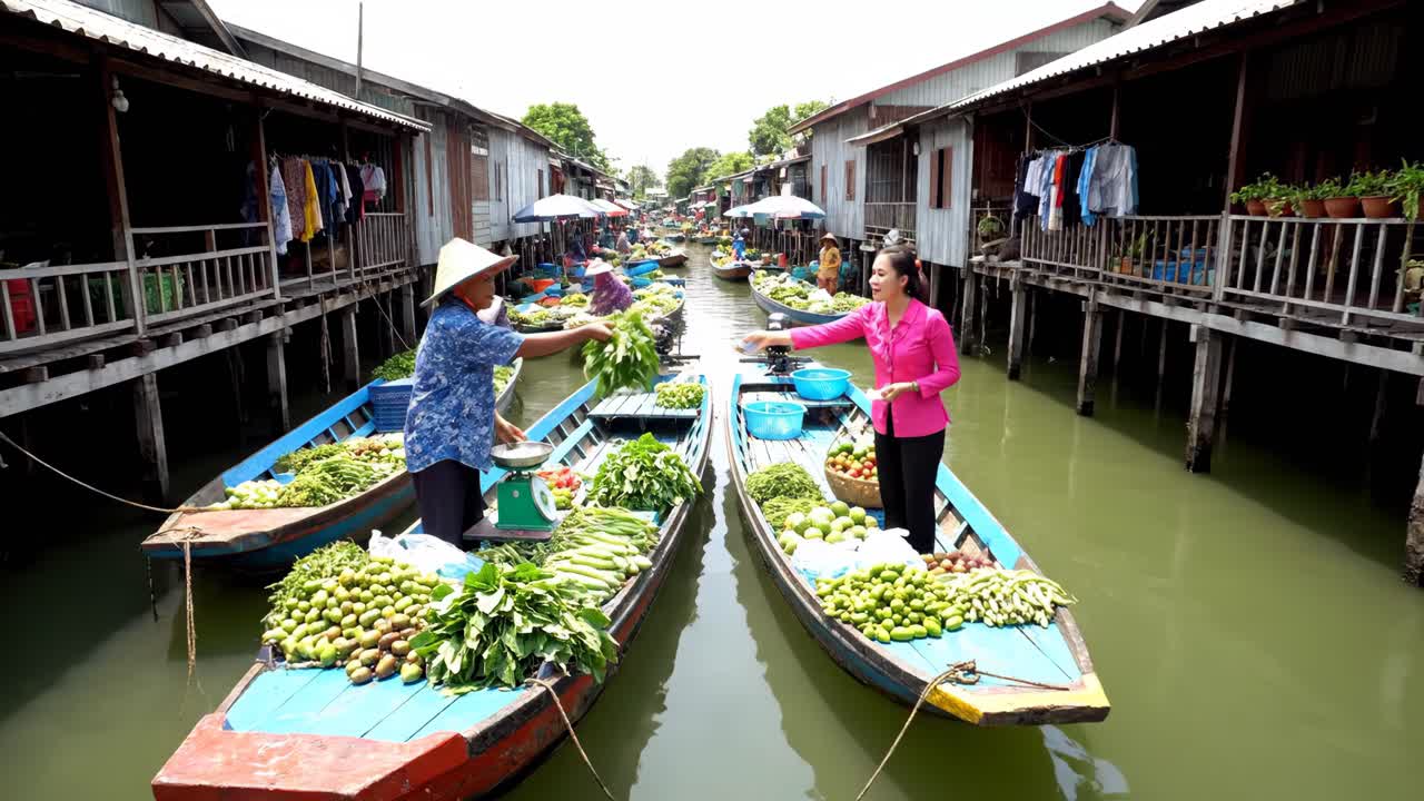 Floating Market Scene with Boats and Vendors