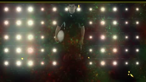 animation of damaged film clip of caucasian male rugby player holding ball in front of spotlights