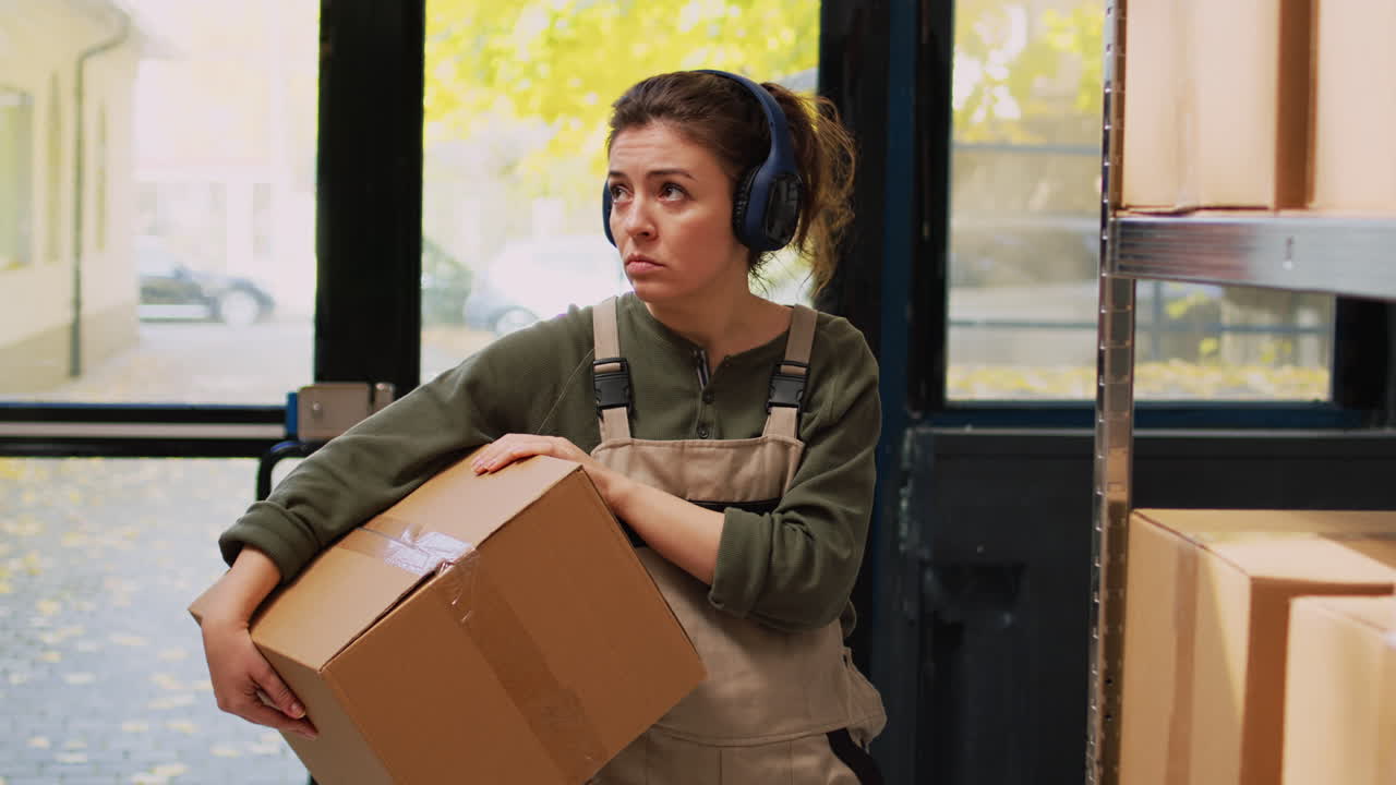 Woman working in a warehouse carrying a box
