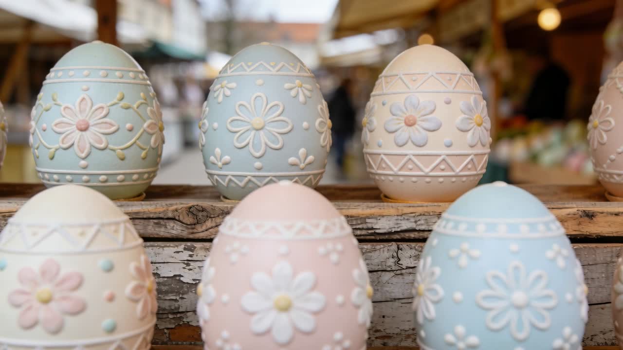 Camera moving forward and right, pastel eggs shifting focus on wooden plank at outdoor market stall