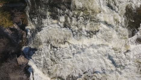 Rushing-waterfall-in-Owen-Sound,-Canada-seen-from-above-on-a-sunny-day