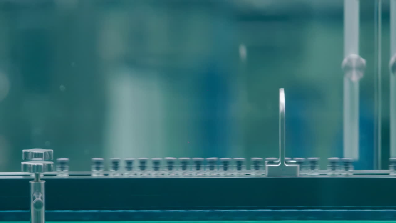 Manufacturing processing of medical dietary supplements vial filling line, Glass Bottles of Medicine or Vaccine on a Conveyor Belt Product Line at pharma factory