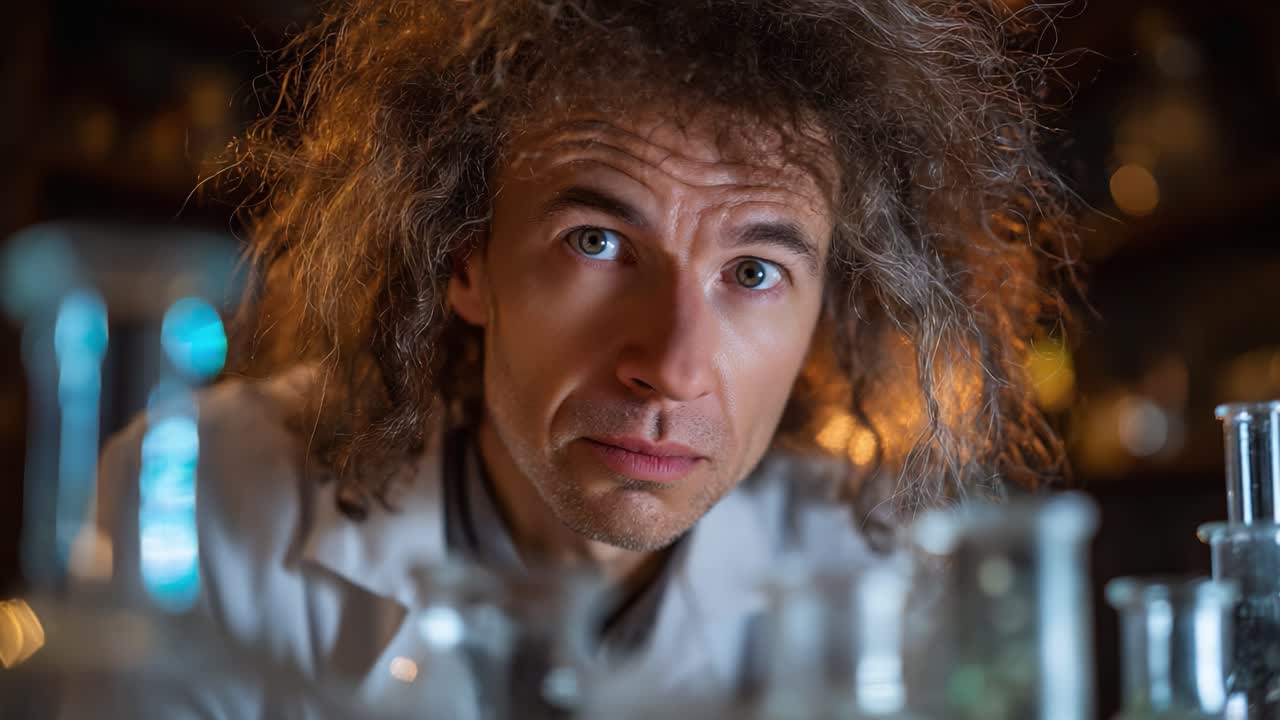 Scienziato curioso che osserva esperimenti in un laboratorio pieno di vetreria e sostanze chimiche, catturando l'essenza dell'indagine e della scoperta scientifica