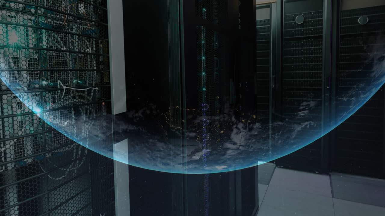 Animation of a globe against computer server room