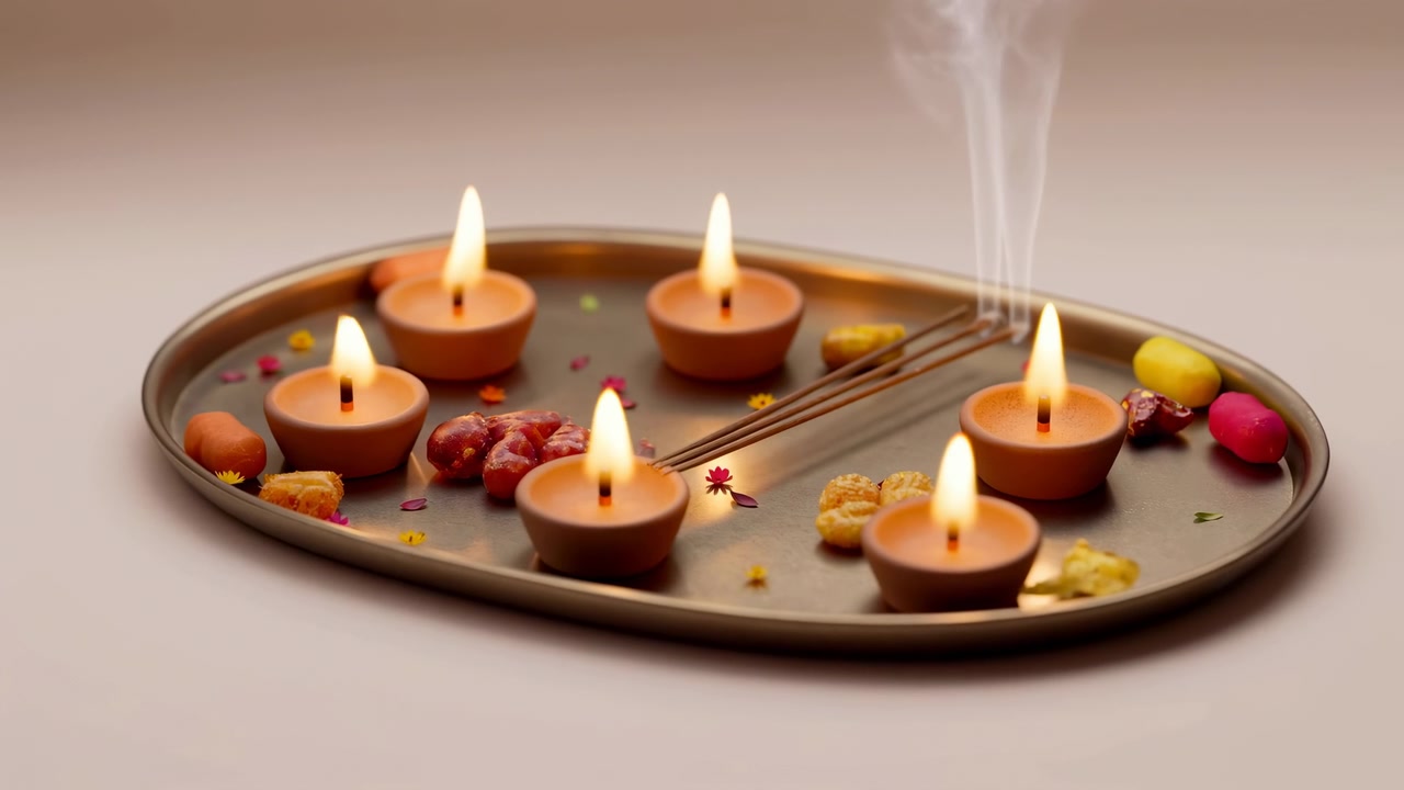 Tændte lerdiyas på messingbakke, røgelse stiger op, blandet mithai og farverigt slik, varmt skær kaster