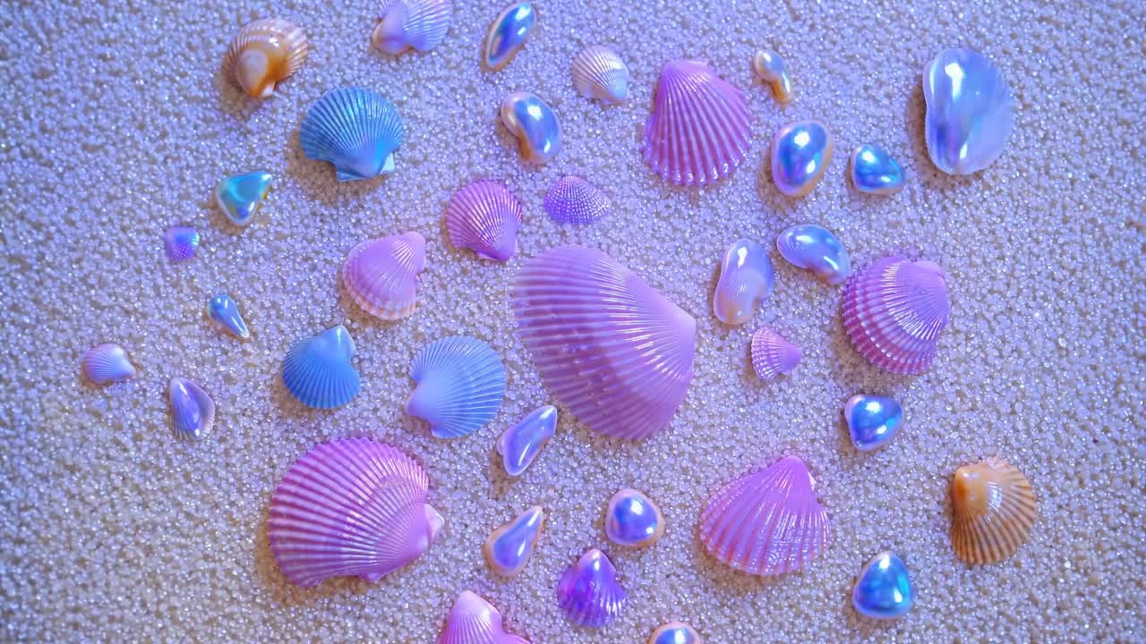 Top-down video of colorful seashells and pearls on sand, showcasing vibrant, iridescent hues