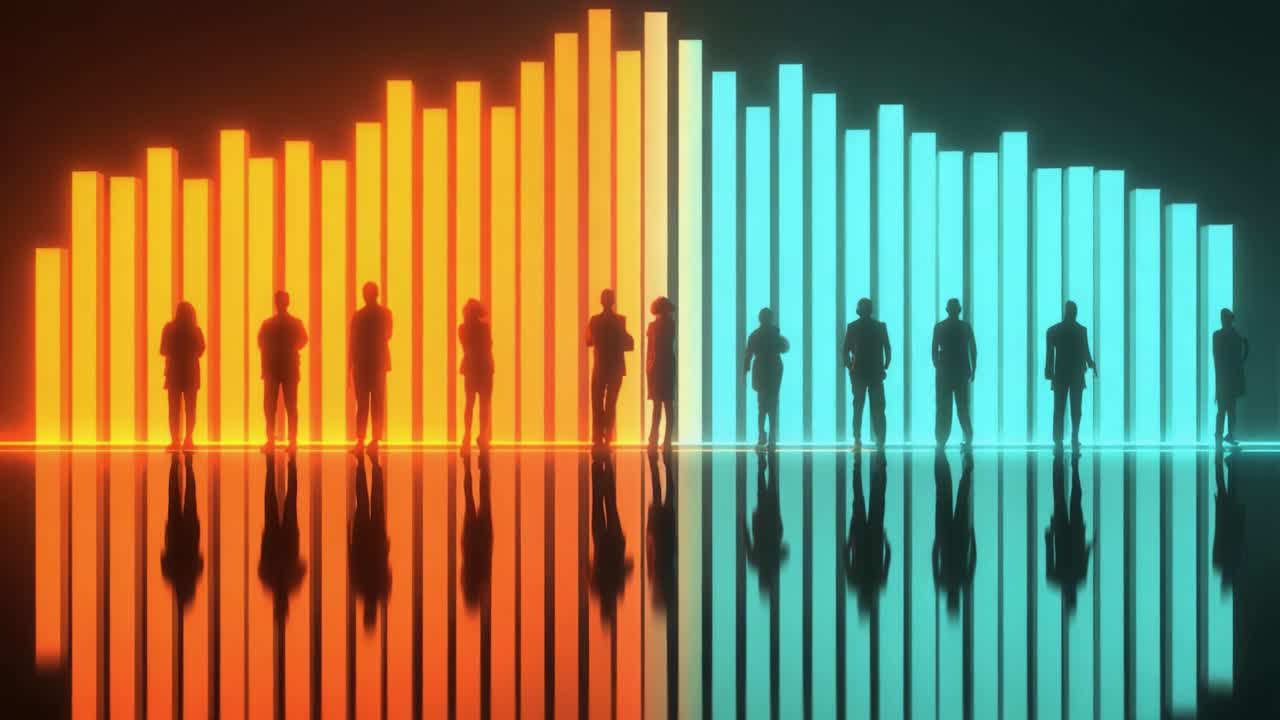 A Dynamic Transition of Human Figures Against a Spectacular Visual Spectrum of Illuminated Bars Reflecting a Vibrant Ambiance and Color Change from Orange to Blue in a Captivating Scene