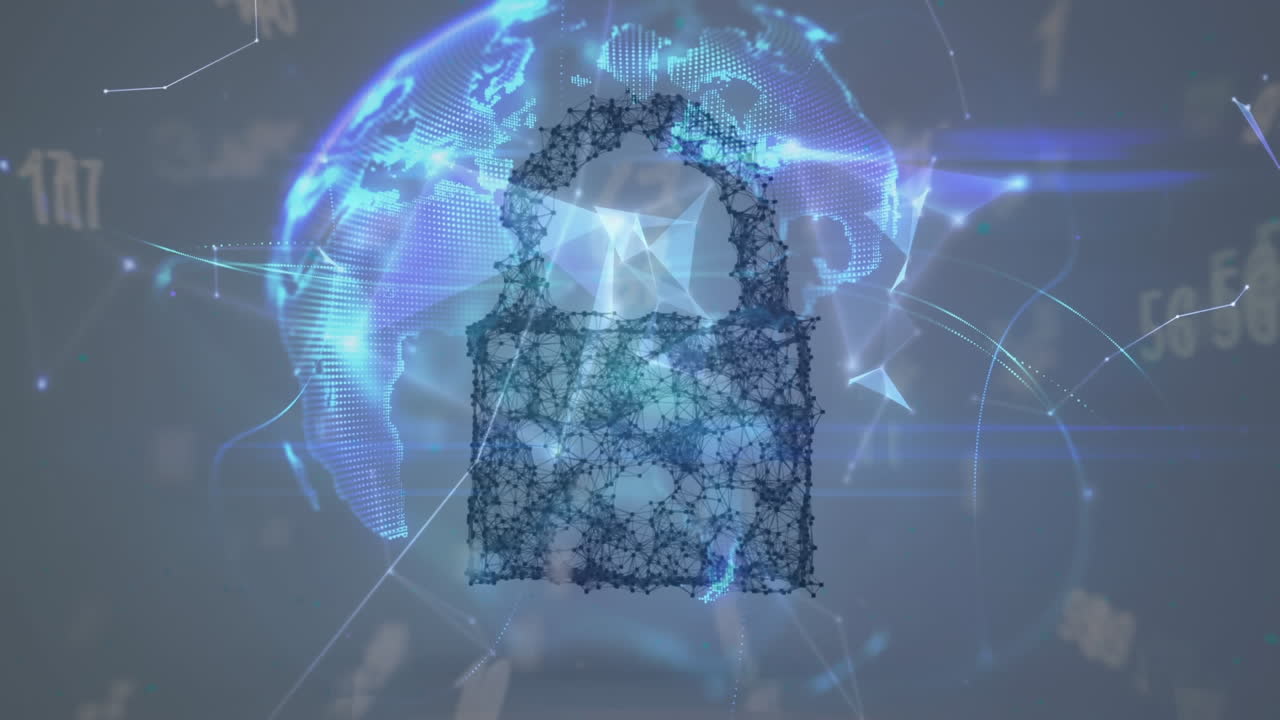 animación de la red de candados, sobre un globo brillante con conexiones y luz azul