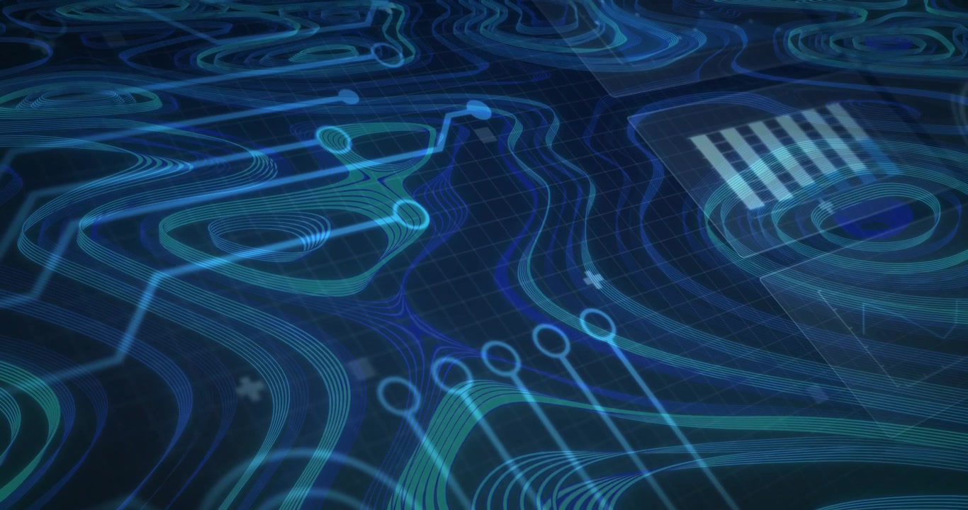 Grid appearing, contours and circuits forming, panel fading, drifting and pulsing visualizing data