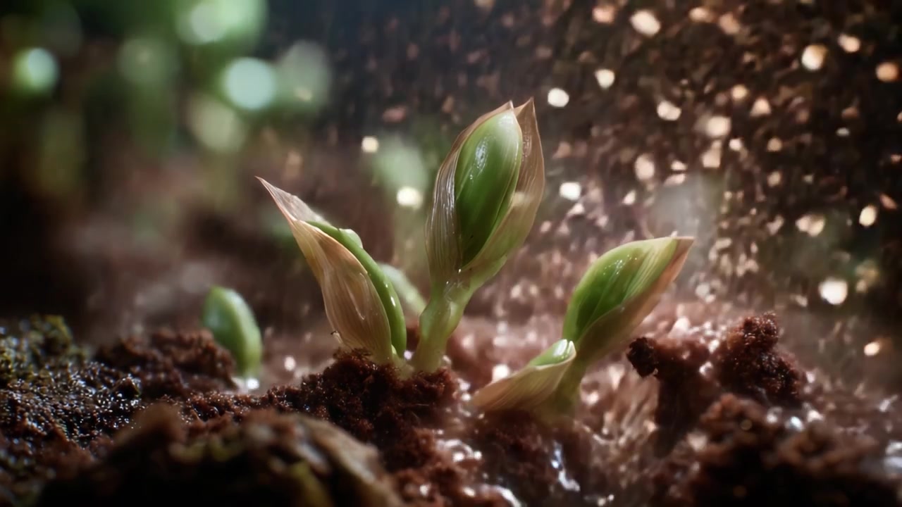 Crescimento de Novas Plantas em Solo Rico Rodeadas por Luz Suave, Capturando o Frescor e a Vitalidade dos Novos Começos da Natureza em Close-Up