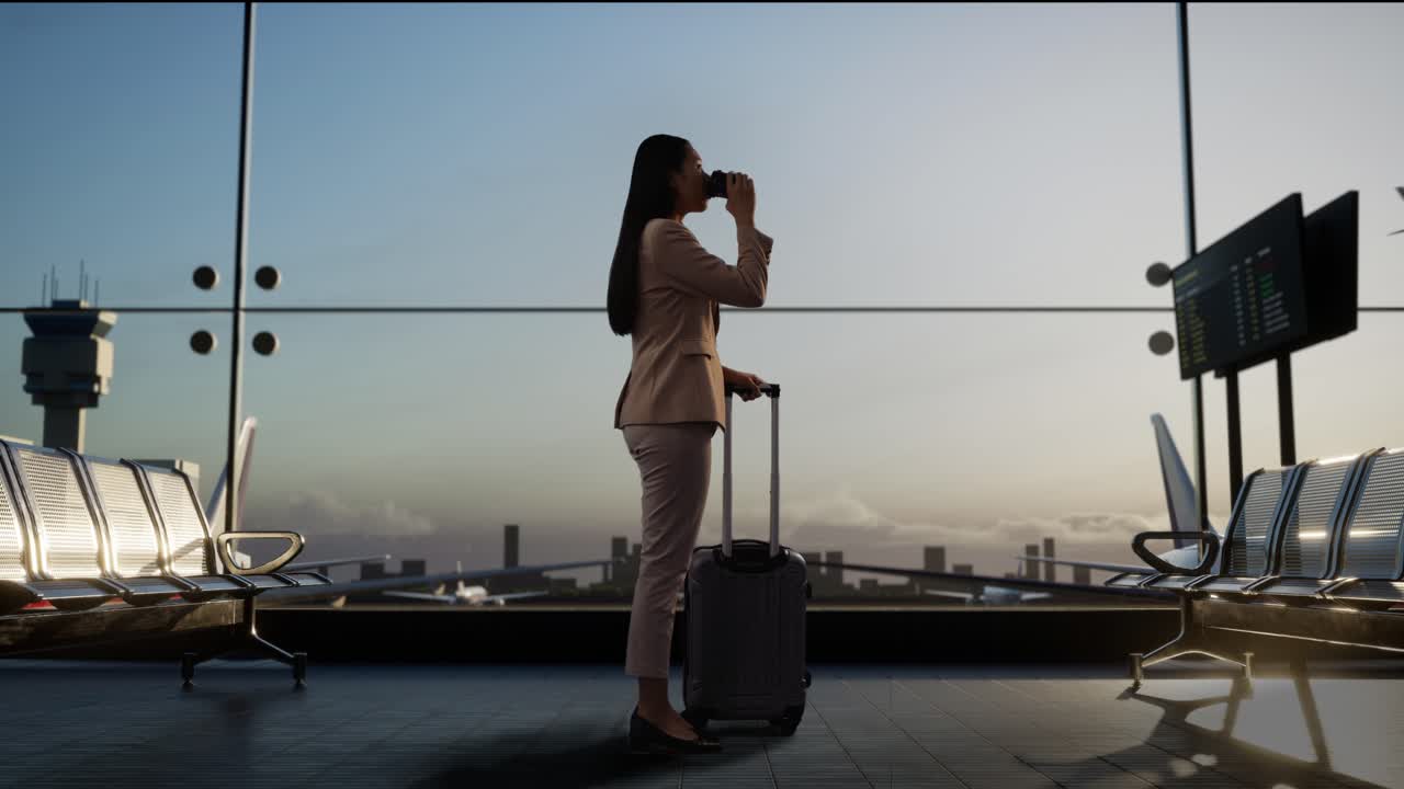 vista lateral completa del cuerpo de una mujer de negocios asiática con una maleta rodante en la sala de embarque del centro de la aerolínea, bebiendo café mientras espera el vuelo, terminal del aeropuerto con el avión despegue fuera de la ventana