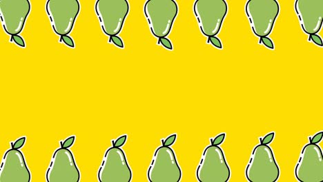 animation of two rows of green pears moving at top and bottom of yellow background
