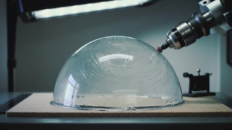 Un utensile rotante da banco per la molatura tocca una cupola su una tavola di legno in un'officina, testandone la durabilità.