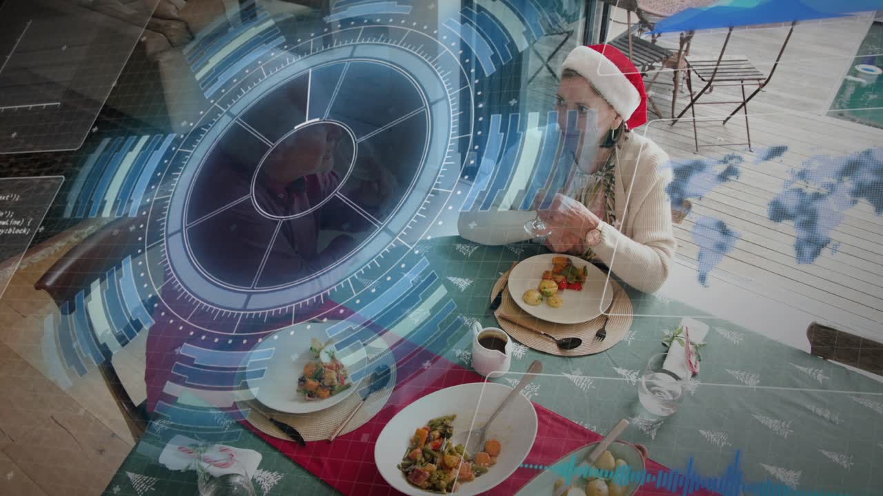 Man reaching to hand glass, woman raising to toast celebrating holiday, HUD overlay obscuring man