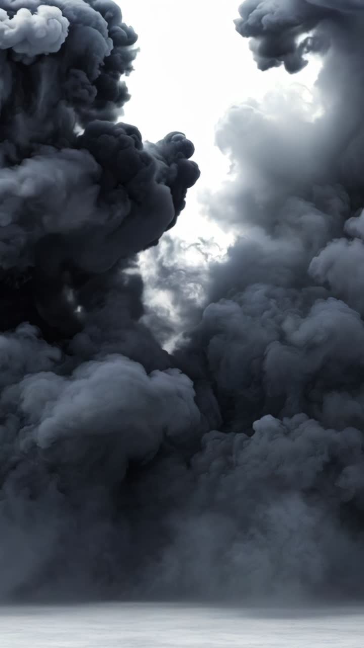 A large cloud of smoke is billowing into the sky. The smoke is dark and ominous, creating a sense of danger and foreboding. The scene is set against a white background