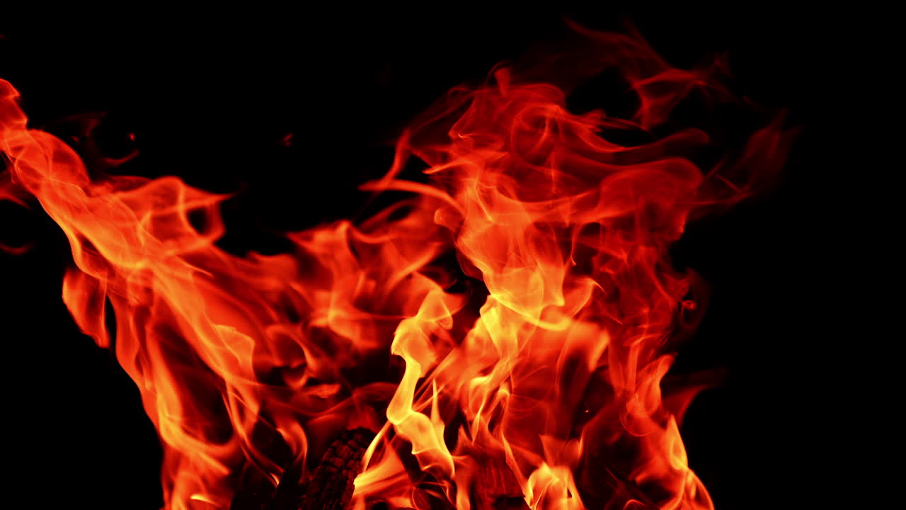 Tongues of hot red dangerous flames covering the wooden black logs. Campfire burning isolated at night. Close up.