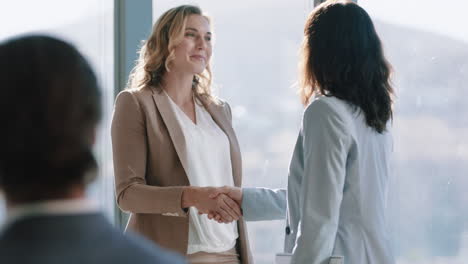 business women handshake in boardroom successful corporate partnership deal welcoming opportunity for cooperation female executives shaking hands in office workplace 4k