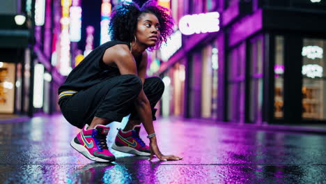 stylish woman in trendy sneakers at night