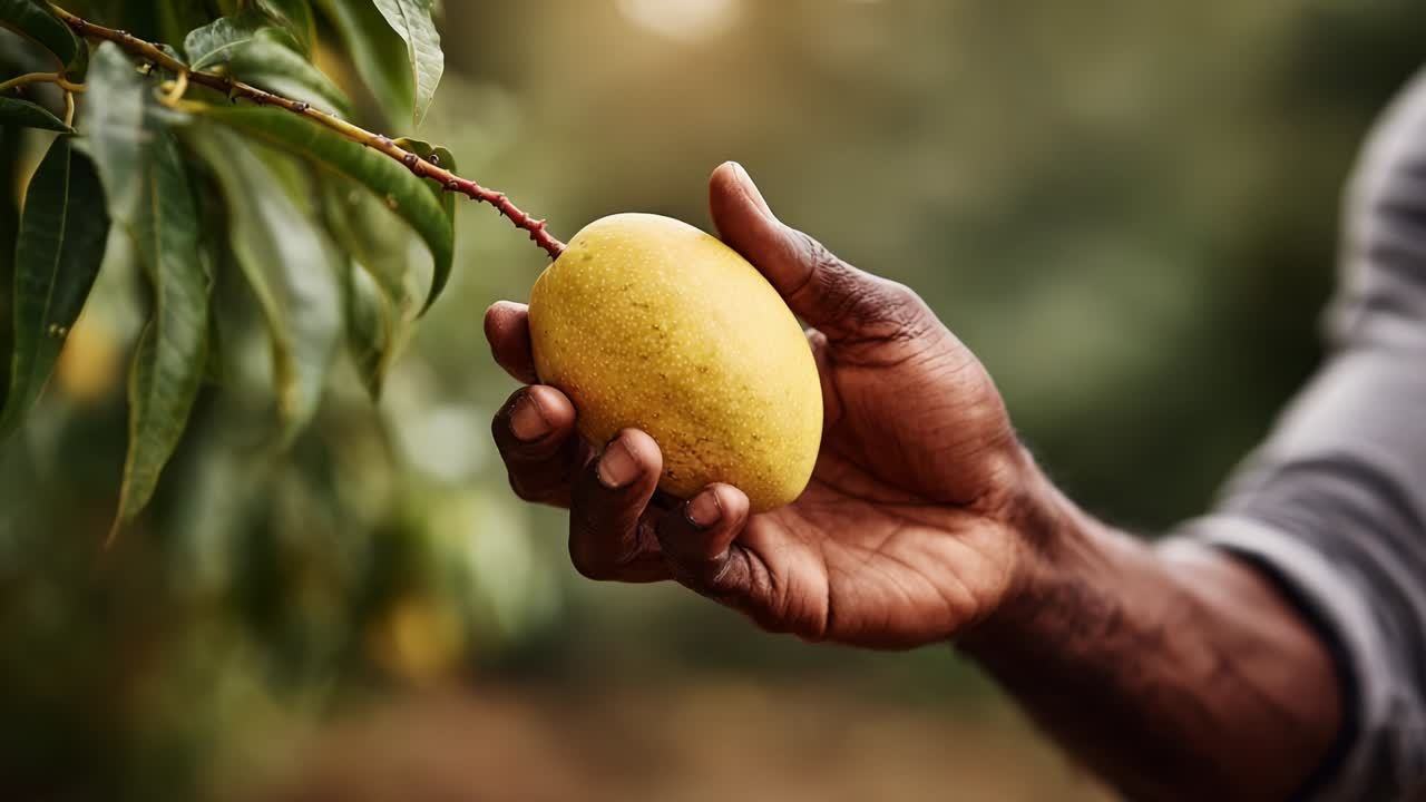 A Close-up Exploration of a Hand Grasping a Fresh Mango, Illustrating the Beauty of Nature and the Joy of Harvesting This Delicious Tropical Fruit in a Lush Garden Setting