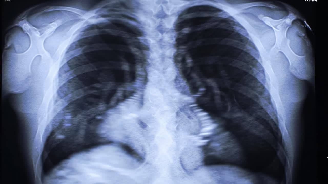 This recording presents a chest X-ray displaying lung anatomy and possible issues. The image indicates areas for professional analysis of respiratory health and concerns.