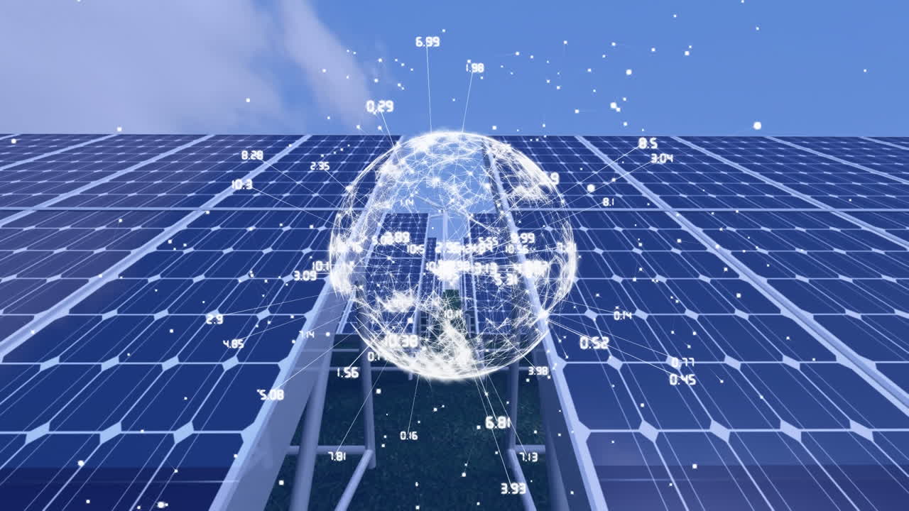 풍력 터빈과 태양 전지 패널과 화이트 글로브 및 네트워크 연결