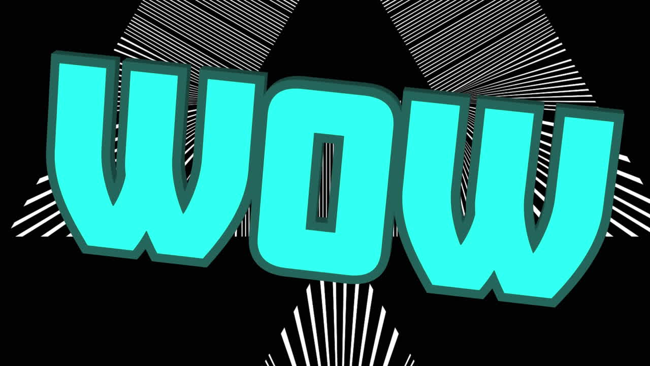 검은색 바탕에 날아다니는 삼각형 위에 파란색으로 표시된 와우 텍스트의 애니메이션