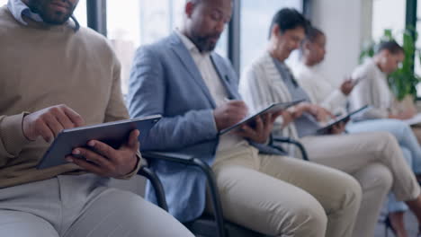 tablet, hiring or business people in line