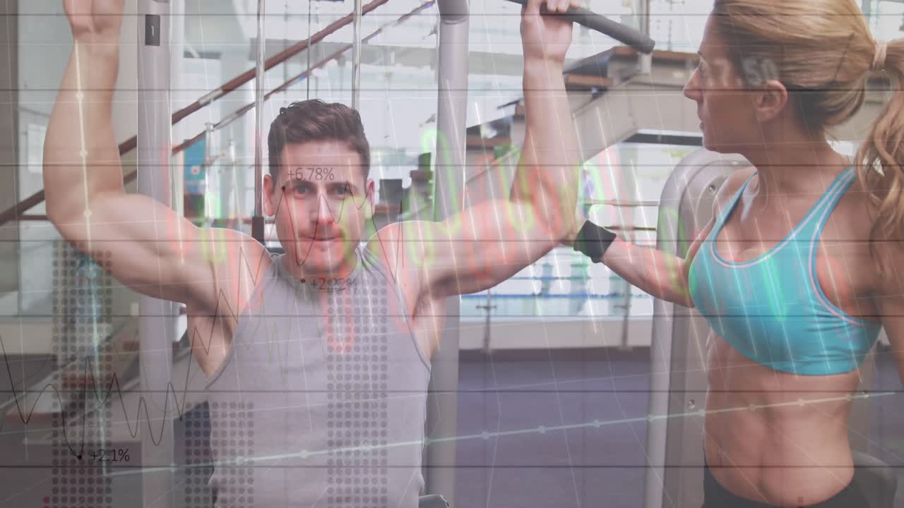 건강한 백인 여성과 남성이 운동하는 데이터 처리의 애니메이션