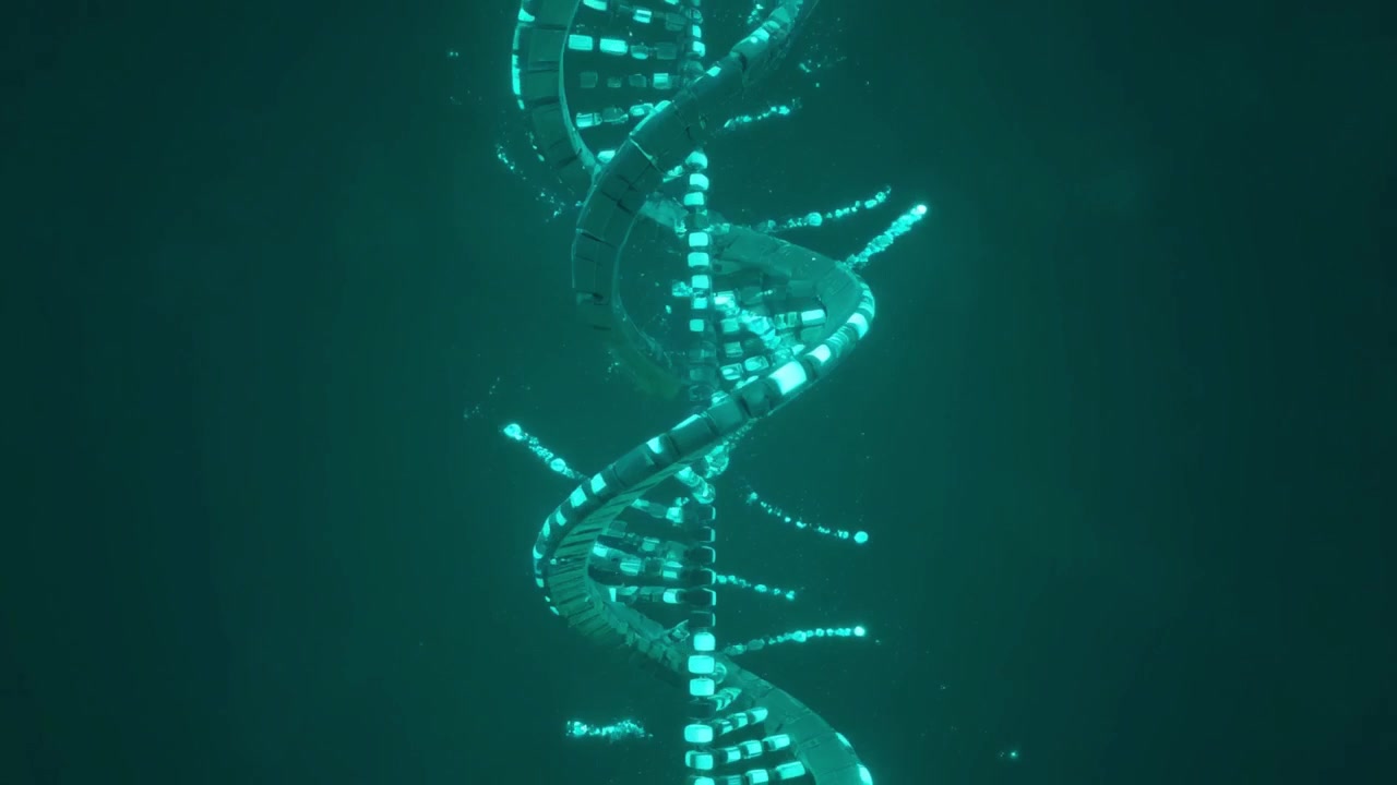 Doppia elica di DNA rotante futuristica con particelle luminose