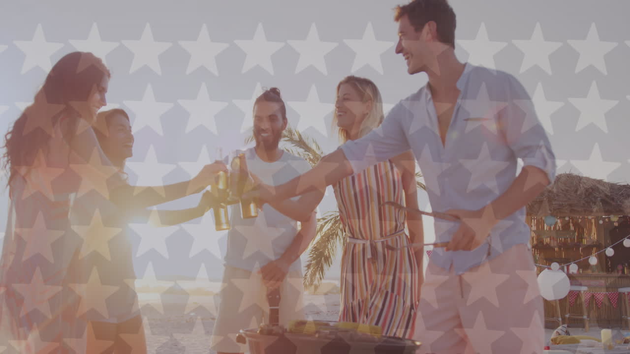 해변에서 음료를 는 다양한 친구 그룹에 대한 스타 디자인 패턴의 애니메이션