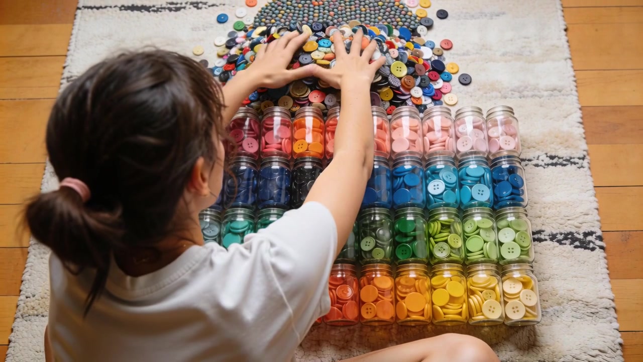 Sorting woman in T-shirt taking from pile, color-sorting buttons into jars on rug, copy space