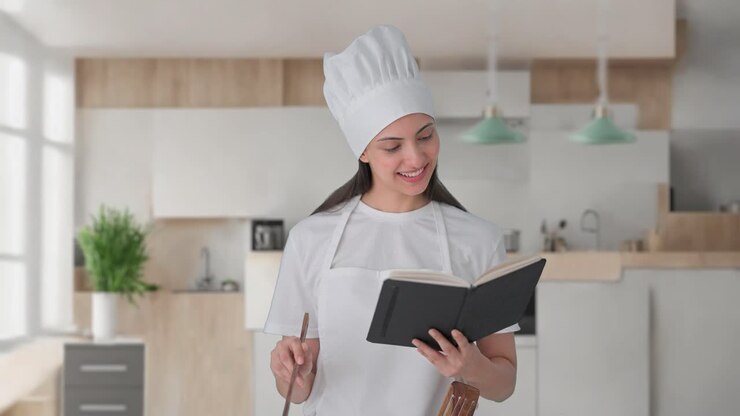 feliz mujer india chef profesional haciendo comida a partir de un libro de recetas