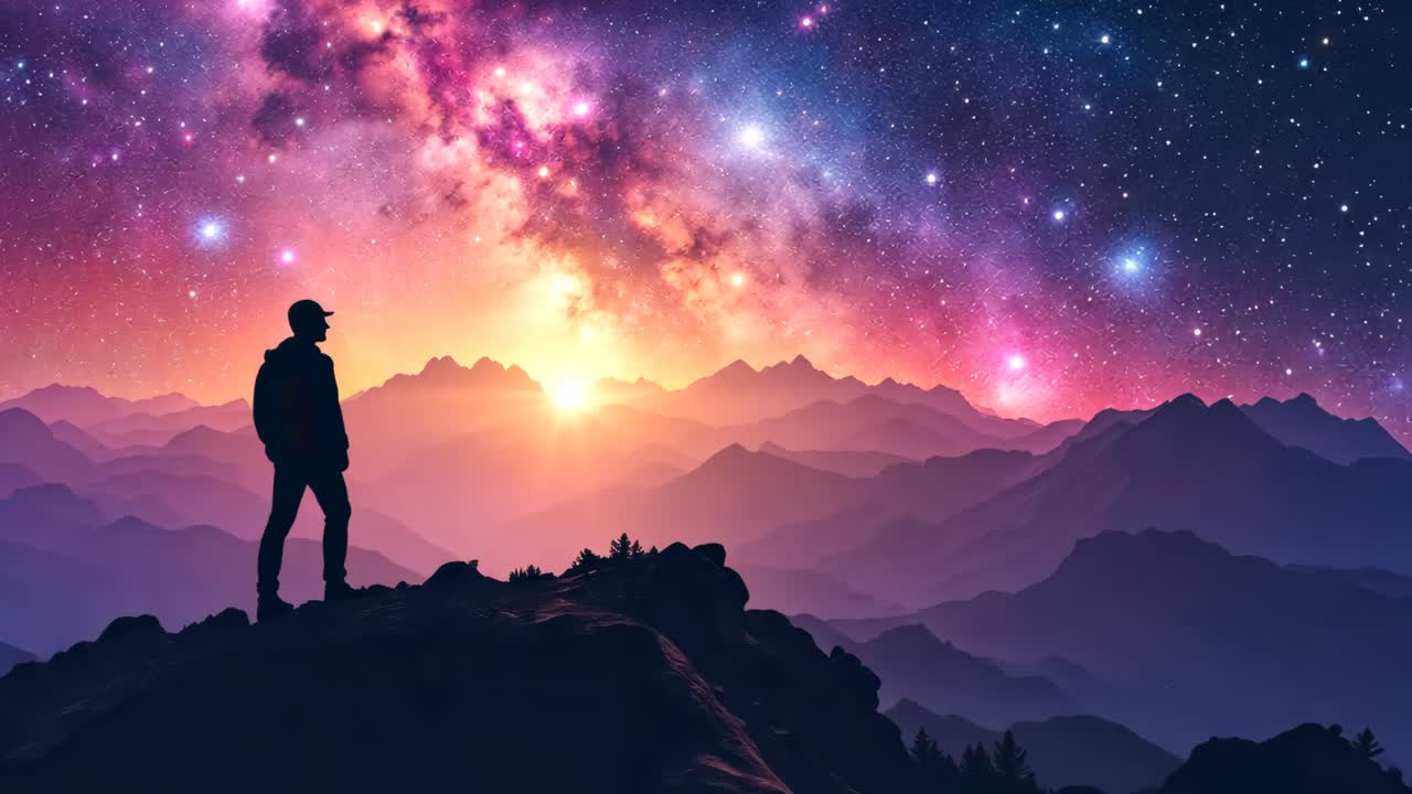 Man on Mountain Top Contemplating Milky Way